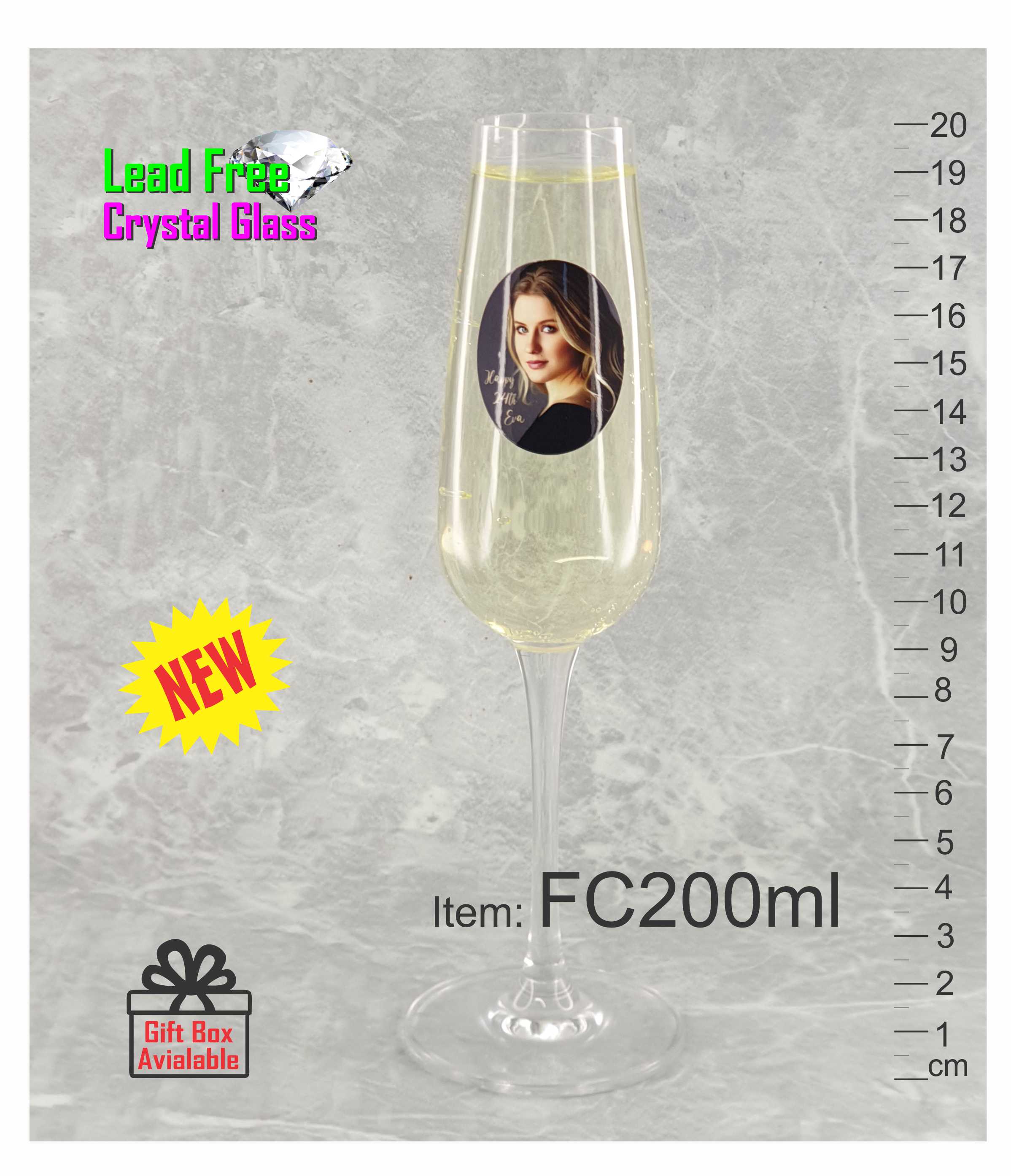 Photo decal decorated champagne flute glass