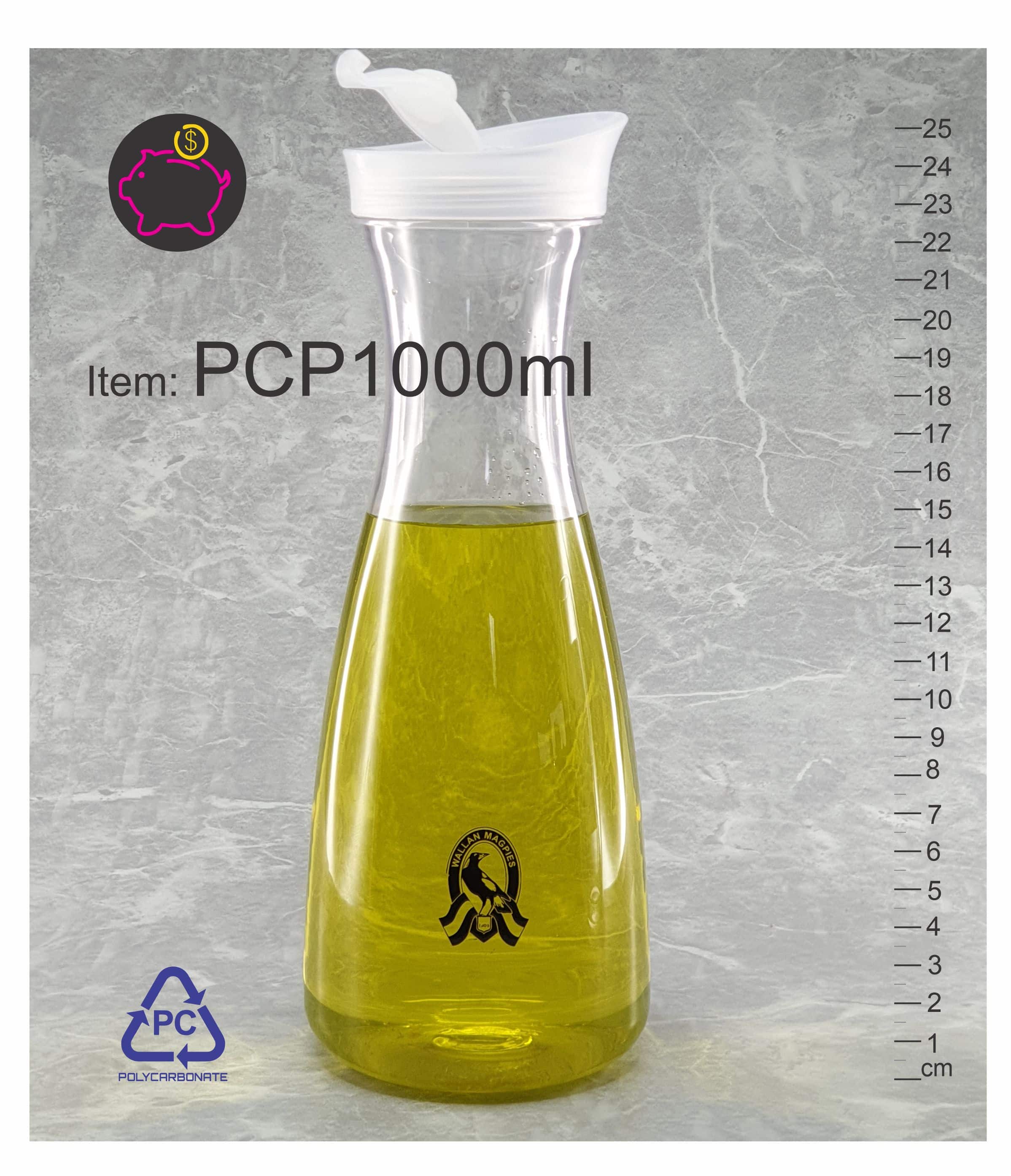 1000ml plastic juice carafe pitcher with flip open lid BPA free shatterproof for hospitality and bulk supply Australia