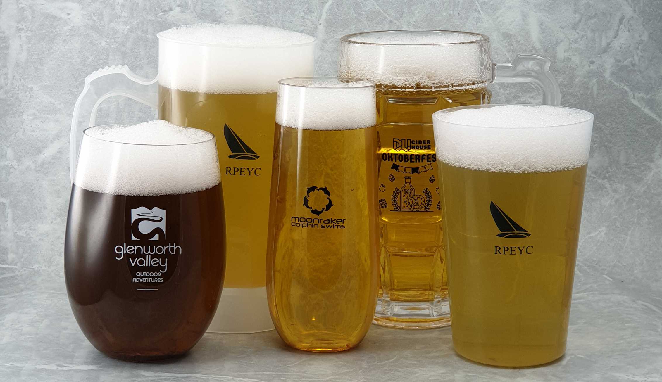 Range of plastic beer cup sizes including schooner and pint for events