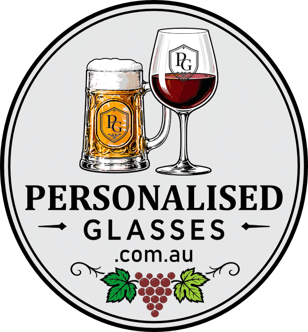 Personalised glasses logo with wine glass and beer stein for custom branded glassware Australia