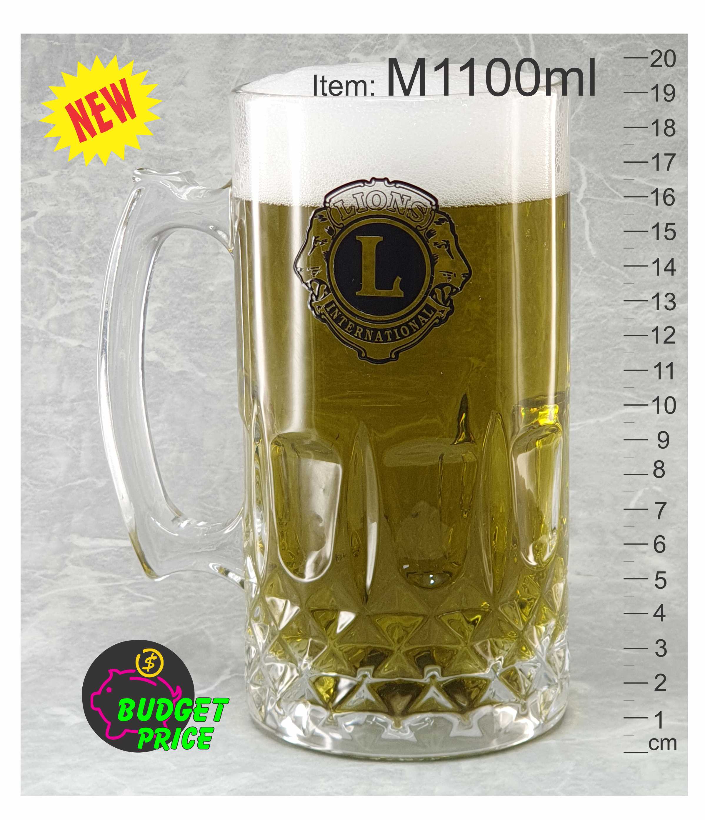 Custom 1.1L glass beer stein with personalised logo printing or laser engraving